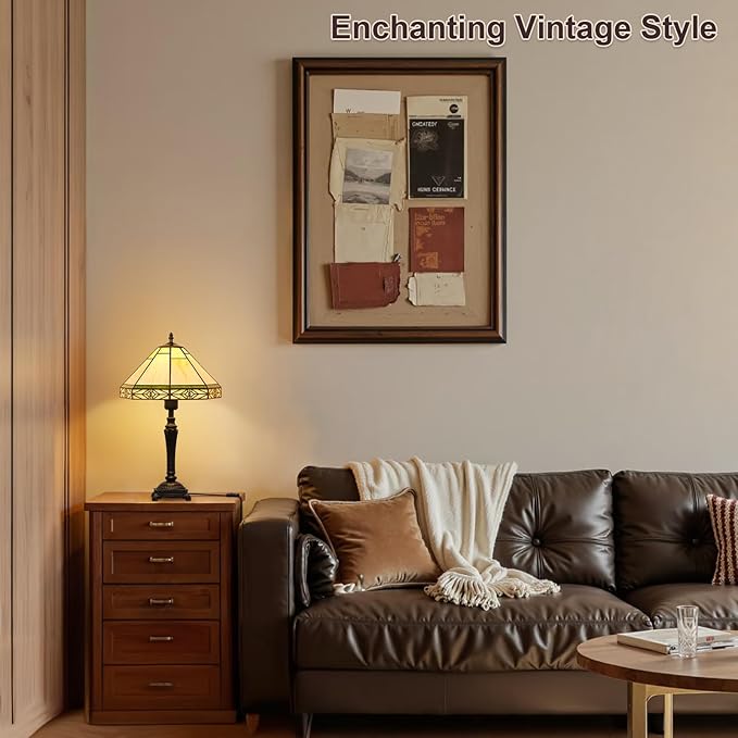 Table Lamp with Stained Glass Shade, Vintage Style Desk Lamp, Mid Century Modern Bedside Nightstand Decorative Lamps with Rocker Switch, Unique Accent Light for Bedroom Living Room Office (E26 Base)
