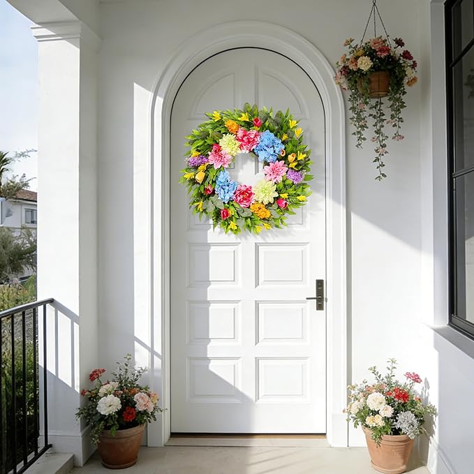 18 Inch Spring Wreaths for Front Door with Dahlias, Hydrangeas, Peonies, Eucalyptus - Artificial Spring Summer Front Door Wreath for Farmhouse, Porch, Window, Wedding, Indoor Outdoor Home Decor