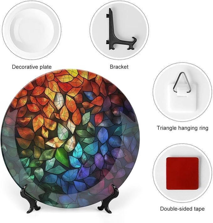 Stained Glass Theme Decorative Ceramic Plate Round Porcelain Plate,7 inch,Leaves Pattern,for Decorative Ornaments Giving Plates, 1 Plate with 1 Display Stand,Multicolor