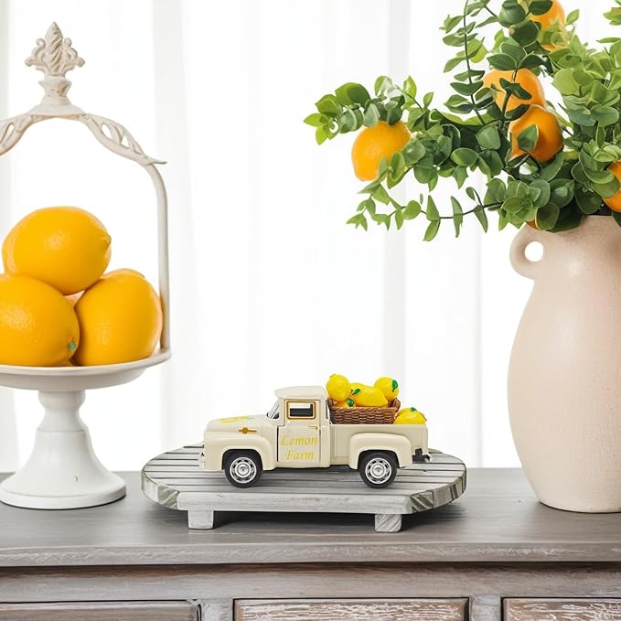 Lemon Decor - 4.9″Farmhouse Vintage Metal Truck with Mini Fake Lemons for Home Kitchen Table, Shelf, Party Decorations and Lemonade Stand Decor Summer Tiered Tray Decoration