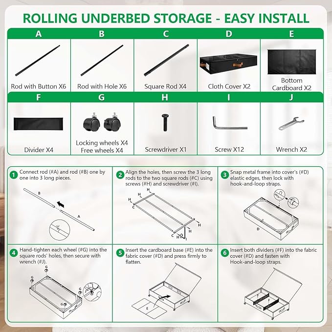 Under Bed Storage with Wheels, 2-Pack 58L Under the Bed Storage Containers with Lids, 1-Pack 15L Box, Organizer Bins Rolling Underbed Storage for Clothes, Underwear, Socks, Shoes - Delicate Style