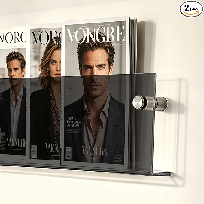 2-Pack 17 Inch Black Acrylic Magazine Holder, Sleek Wall Mounted Brochure Rack & Floating Bookshelf, Modern Stylish Magazine Display for Office, Waiting Room, Living Room, Fashion Home Decor