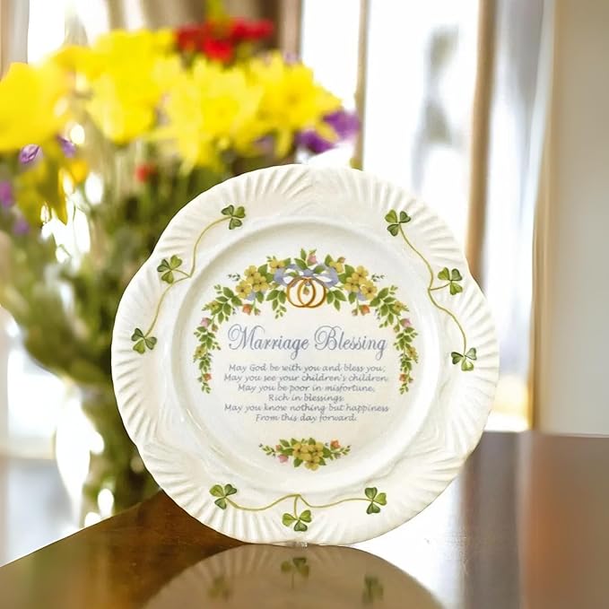 Belleek Classic Marriage Blessing 8.8-Inch Decorative Plate, Handcrafted Parian China Shamrock Irish Decor, White