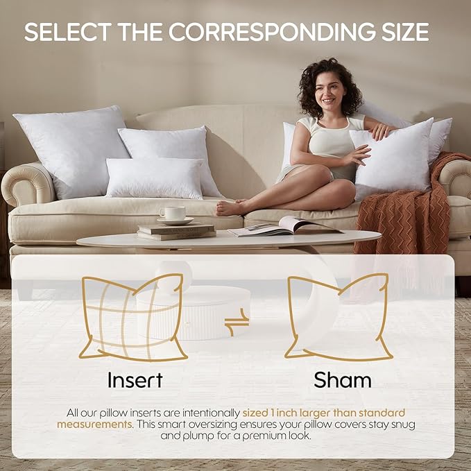 Feather Throw Pillow Inserts Set of 2, Soft Fluffy Square 20 x 20 Inches Decorative Pillow Insert, Feather and Down Filled Euro Pillows