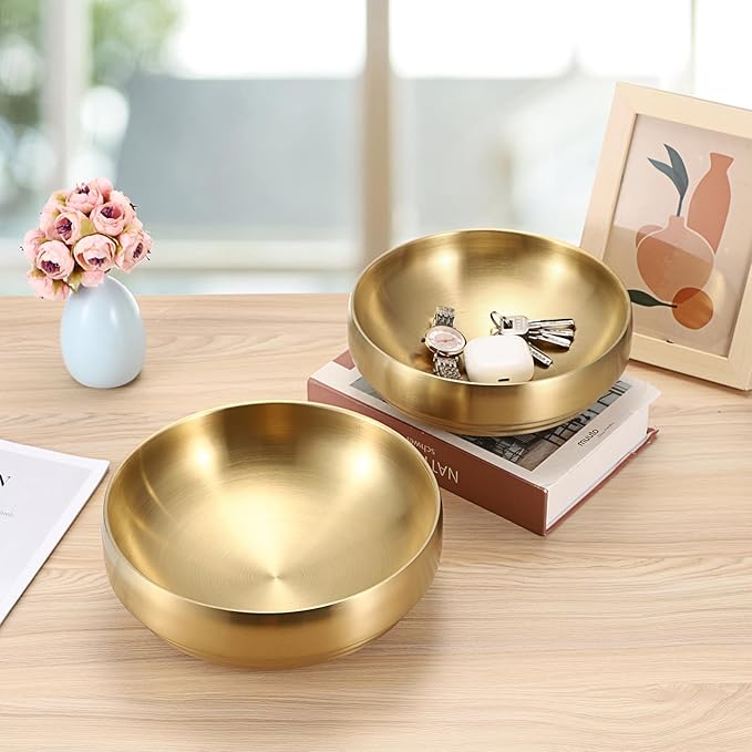 9.1 Inches Stainless Steel Bowl Decorative Key Bowl Golden Serving Bowl for Snack Fruit Dish Round Key Dish for Entryway Table Coffee Table Kitchen Counter