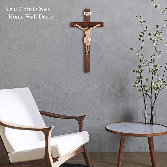 Crucifix Wall Cross - 14 Inch Olive Wood Wall Crucifix, Hand Painted Resin Jesus on Wooden Crucifix Catholic Home Decor Housewarming Religious Gifts