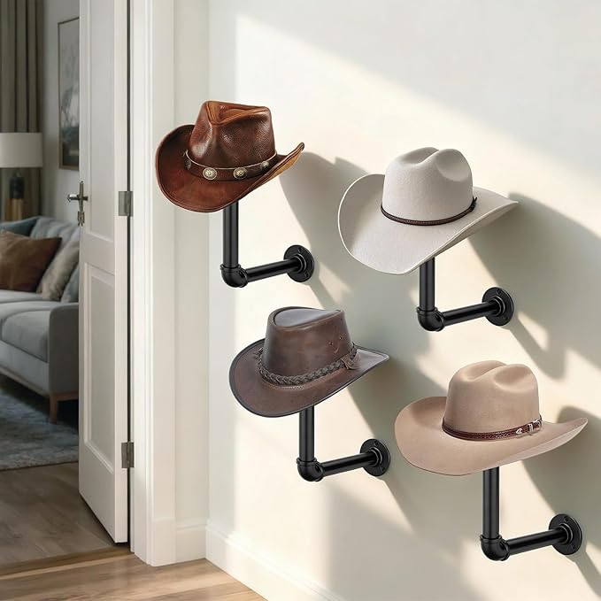 2PCS Metal Pipe Cowboy Hat Rack Wall Mount, Wooden Western Rustic Metal Hanger, Wall Mounted Helmet Holder for Multifunctional Display Hanger Stand for Cap Wig Hats, Fedora, Sun Hats