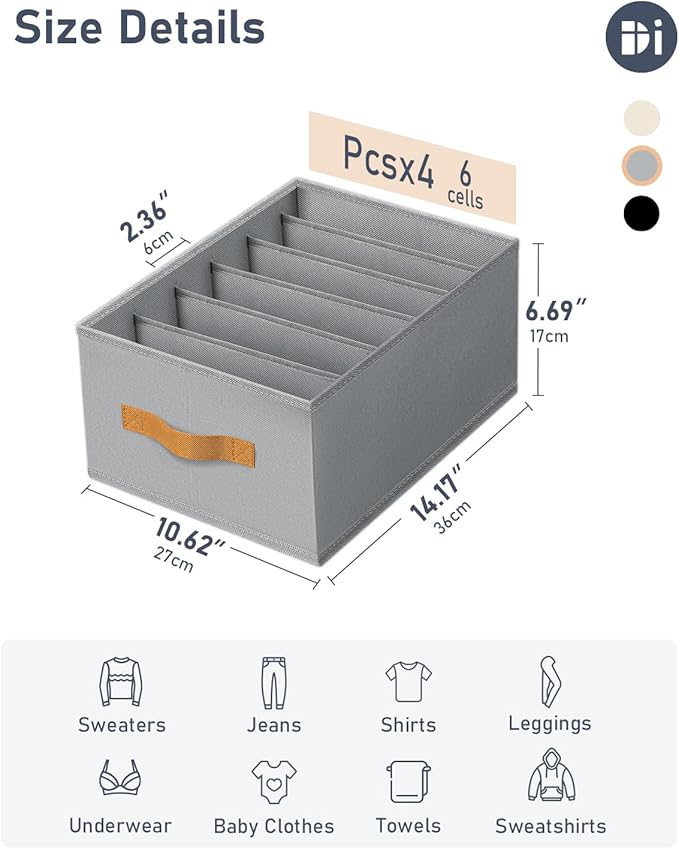 DIMJ Large Wardrobe Clothes Organizers - Foldable Closet Clothing Organizer for Jean Sweater Shirt Pants Underwear Bra, Divided Clothes Drawer, Grey Closet Shelf Organizer Boxes | Foldable, for Jean, for Sweater, for Shirt, for Pants, for Underwear