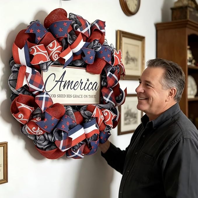 4th of July Decorations Outdoor Patriotic Wreaths for Front Door 250th Anniversary Decorations Red White and Blue American Flag Wreath (America 2)