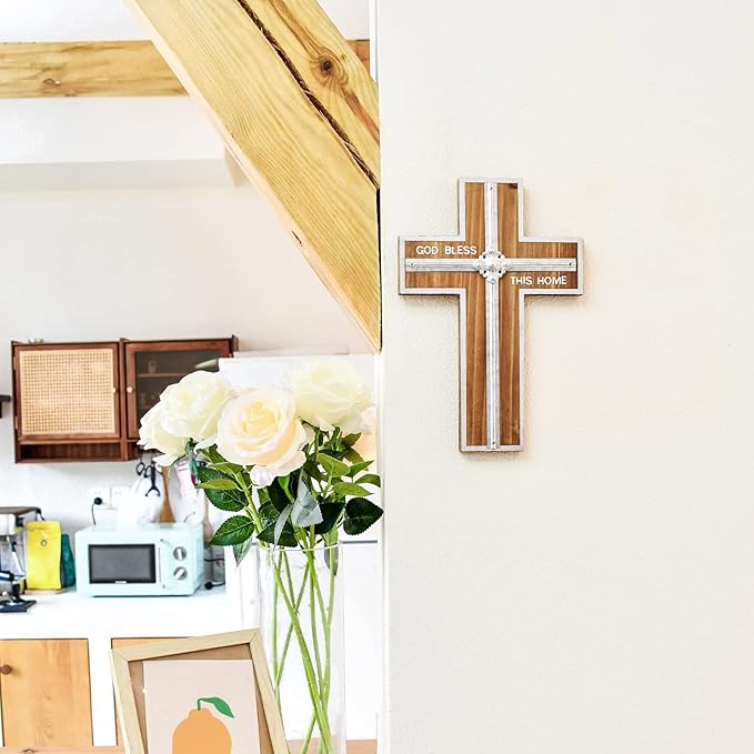 Wall Cross Retro Catholic Wooden Hanging Crosses Baptism with Metal Spiritual Religious Cross with Hook Silver Edge Blessed Letter Design Christmas Crucifix Gift for Church Home Wall Decor