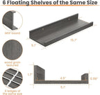 upsimples Floating Shelves for Wall, Wall Shelves for Decor Storage Set of 6, Wall Mounted Wood Shelf for Bedroom, Living Room, Bathroom, Kitchen, Picture Ledge Shelf, Grey