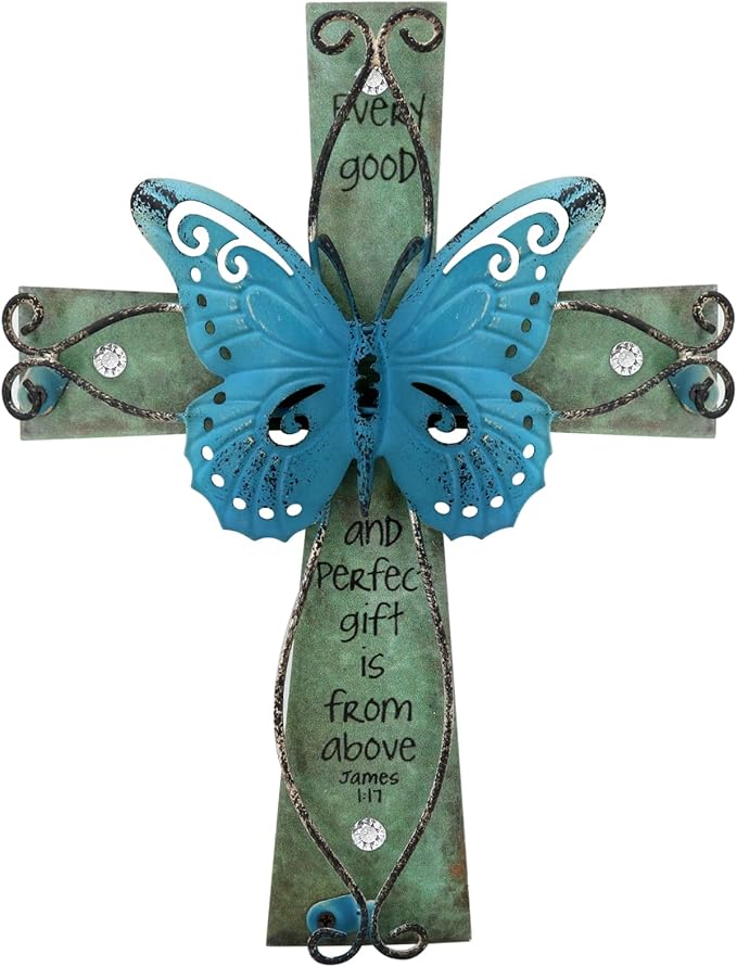 INHAI Handcrafted Christian Wall Cross 9x7,James 1:17 Verse on Wood with Antiqued Metal,Mother's Day Inspirational Home Decor Gift(Blue)