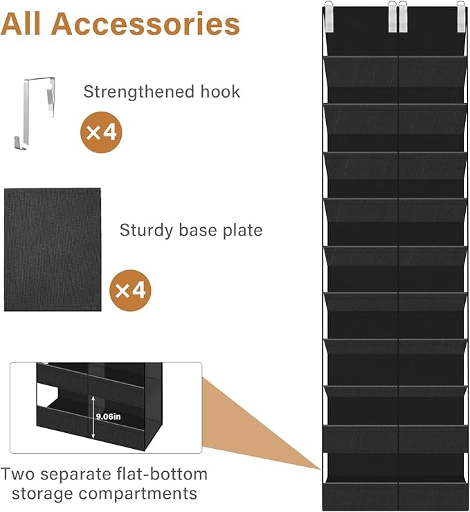 20-30 Pairs Over the Door Shoe Organizer,Side Clear Hanging Shoe Organizer,10-Tier Shoe Storage with 2 Flat Storage Layers,Door Shoe Organizer Fit All the Family’s Sneakers, Boots, Heels,Black