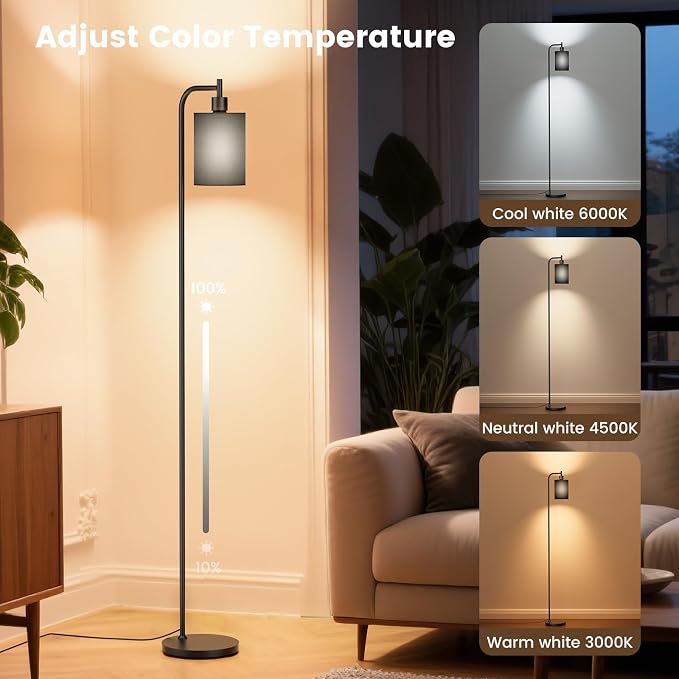 SIBRILLE Floor Lamp with Linen Shade, Dimmable Tall Standing Lamp with Remote Control & 3 Color Temperatures, Modern Floor Lamps for Living Room Bedroom Office Corner, 9W LED Bulb Included