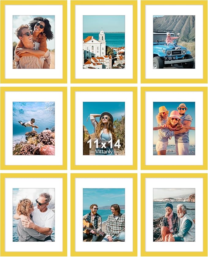 Vittanly 11x14 Picture Frames Set of 9, Shatter Resistant Plexiglass, Display 8x10 Pictures with Mat or 11x14 without Mat, Photo Frames for Wall or Tabletop, Engineered Wood, Yellow