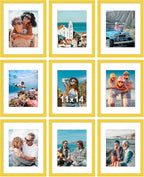 Vittanly 11x14 Picture Frames Set of 9, Shatter Resistant Plexiglass, Display 8x10 Pictures with Mat or 11x14 without Mat, Photo Frames for Wall or Tabletop, Engineered Wood, Yellow