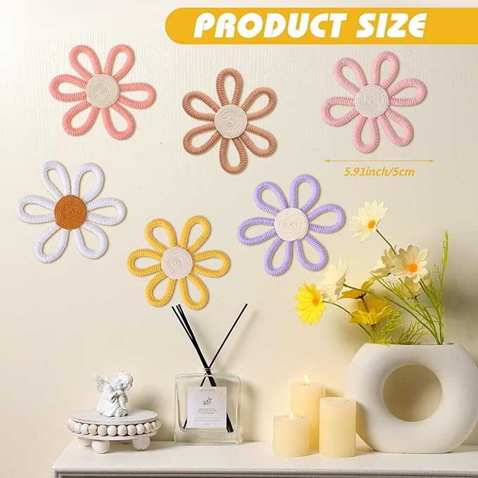 Zeyune 6 Pcs Boho Nursery Daisy Flower Wall Art Decor Woven Macrame Wall Pediments Boho Daisy Floral Nursery Art Decor for Home Bedroom Decorations(Colorful,Yarn and Cotton Rope)