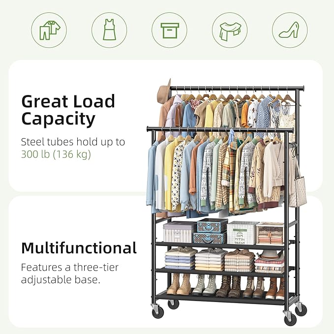 Double Rods Clothes Rack for Hanging Clothes, Rolling Clothing Rack with Wheels, 3-Tier Hanging Rack with Mesh Shelves, Holds 300 LBS for Bedroom, Laundry, Living Room, Black