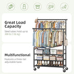 Double Rods Clothes Rack for Hanging Clothes, Rolling Clothing Rack with Wheels, 3-Tier Hanging Rack with Mesh Shelves, Holds 300 LBS for Bedroom, Laundry, Living Room, Black
