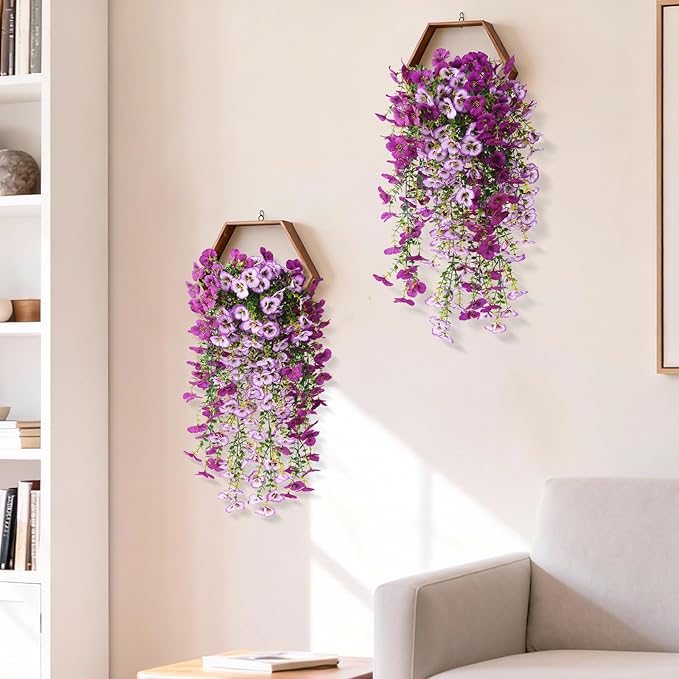 Fake Artificial Flowers for Outdoors, 4 Pcs Faux Hanging Pansy Flowers Spring Summer Decor, UV Resistant Fake Plants Silk Flower for Planter Front Door Porch Patio Yard Garden(Gradient Purple Red)