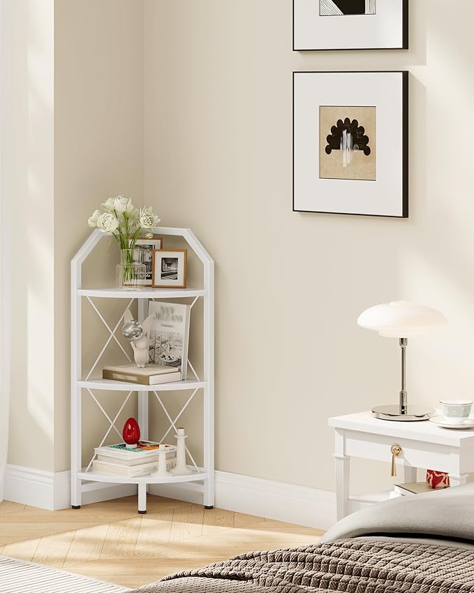 CHOEZON 3-Tier Corner Shelf, Industrial Corner Bookshelf, 35.4" Storage Stand, Plant Stand Display Shelf, Bookcase for Bedroom, Living Room, Home Office, White TCJ03WB
