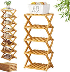 The 9-Tier No-Assembly Bamboo Rack, 3-9 Tiers Bamboo Shoe Rack, Foldable Bamboo Vertical Shoe Organizer, Multifunctional & Space-Saving, For Entryway, Closet, Corner, Bedroom, Hallway (Wood, 5Tiers)