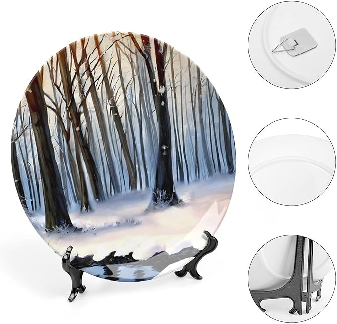 Decorative Plates, Winter Forest in Snow Painting Orange Display Plate for Home Office Kitchen Table Decor Porcelain Plates 10 Inch, Birthday Gifts
