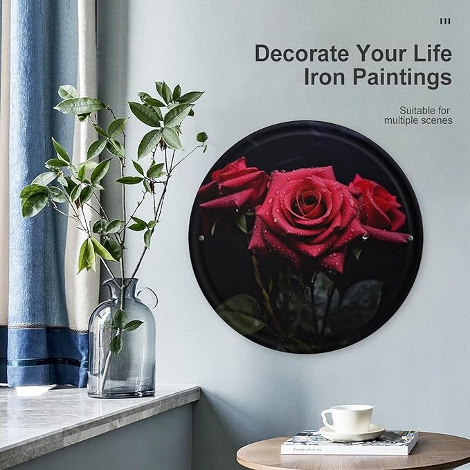 Wall Picture, with Red Rose and Black Leaves Printed Circular Iron Hanging Picture,Wall Art Decor,Home for Bedroom Living Room Bathroom Decor,Iron Painting 11.8X11.8 in