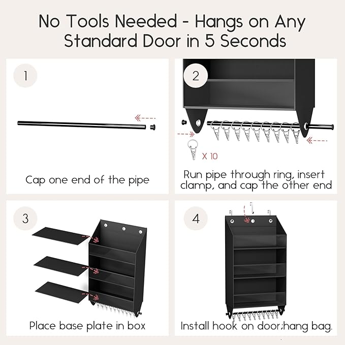 Over the Door Hat Rack - 3-Layer Design Hat Organizer Holds 30-36 Hats with 10 Hooks, Ideal Hat Rack for Door, Over the Door Organizer for Closet, Apartment, Bedroom, Dorm, 2 Pack, Black