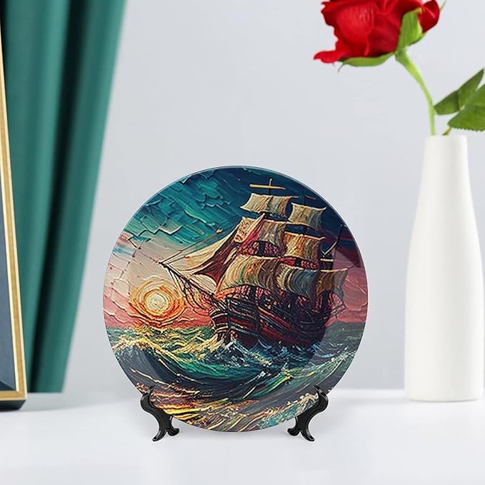 Ocean Sailing Ship at Sunset Painting Decorative Plates Home Decor Ceramic Plates Wedding Gifts Dinner Plates Display for Living Room, Kitchen, Hallway Console Side Table, 7 Inch