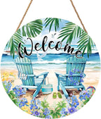 Welcome Summer Sea Chair Front Door SignFlower Wall Hanging Round Door Hanger Farmhouse Coastal Beach Wooden Wreath for Front Door Hello Summer Outdoor Outside Porch Decor 12"X12"