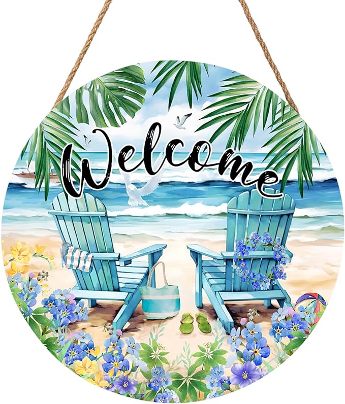 Welcome Summer Sea Chair Front Door SignFlower Wall Hanging Round Door Hanger Farmhouse Coastal Beach Wooden Wreath for Front Door Hello Summer Outdoor Outside Porch Decor 12"X12"