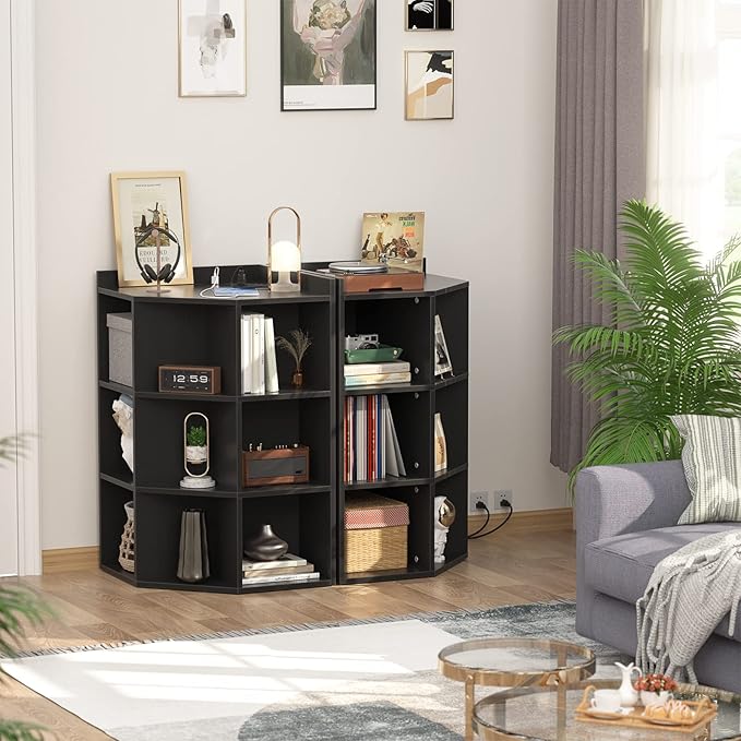 Aheaplus Corner Cabinet, Black Corner Storage with USB Ports and Outlets, Corner Cube Toy Storage for Small Space, Wooden Cubby Corners Bookshelf with 9 Cubes for Playroom, Bedroom, Living Room, Black