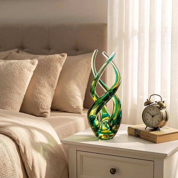 Hand Blown Glass Decor - Emerald Green Glass Sculpture - Aurora Collection Theme Spiral Kinetic Figurine, Light Reactive Gradient Decor for Home Office Garden, Ideal Gift for All Occasions