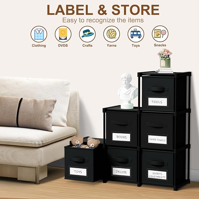 Geelin 6 Cube Storage Organizer with Fabric Bins and Labels 11 Inch, Fabric Collapsible Cubby Clothes Storage Drawer Dresser for Bedroom Living Room Office Organization