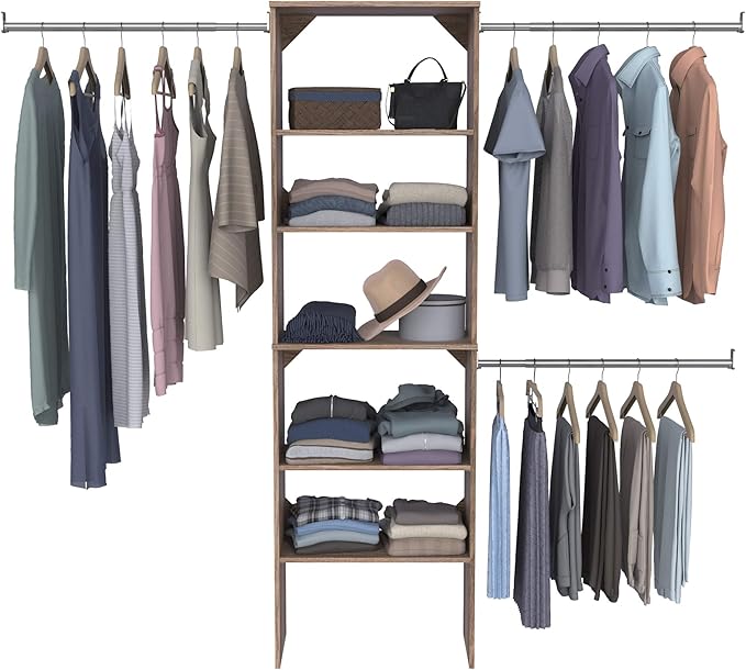 ClosetMaid SuiteSymphony Wood Closet Organizer Starter Kit with Tower and 3 Hang Rods, Shelves, Adjustable, Fits Spaces 5 – 10 ft. Wide, Natural Gray