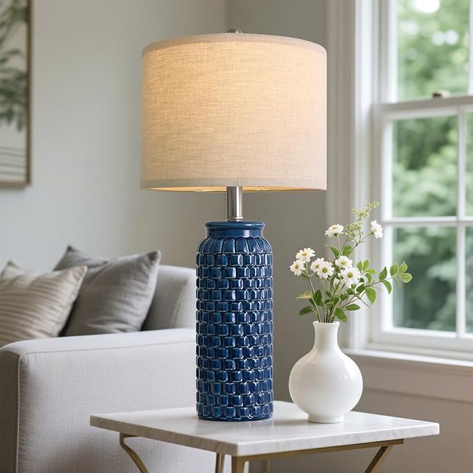 USumkky 24 inches Modern Ceramic Dark Blue Bedside Lamp Set of 2 for Bedroom Decor Farmhouse Table Lamp for Living Room Office Dorm