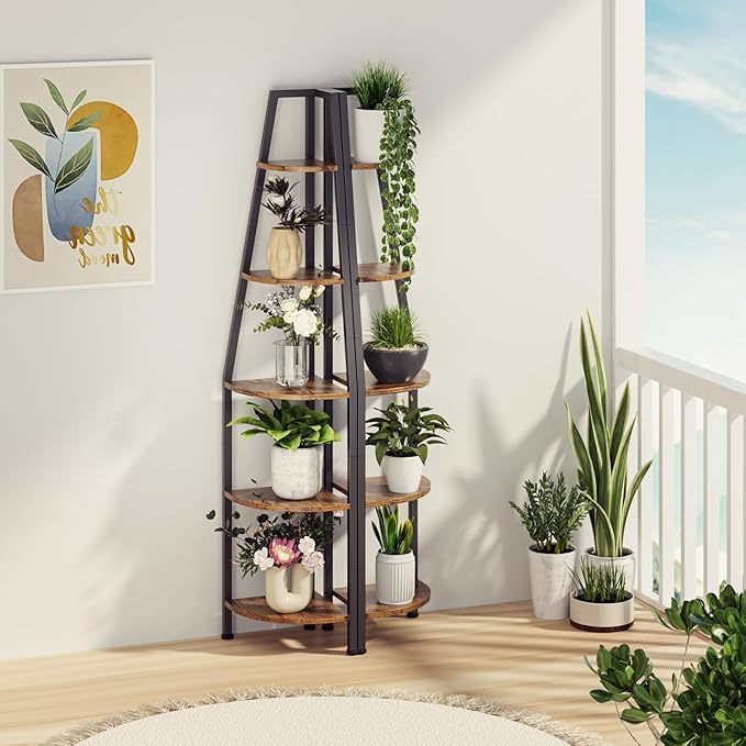 Furnulem 5 Tier Corner Shelf with LED Light, 67.2” Tall Standing Shelf for Wall Corner, Narrow Bookshelf Ladder Shelf for Bedroom, Living Room, Plant, Wood Storage Rack, Metal Frame (Rustic Brown)