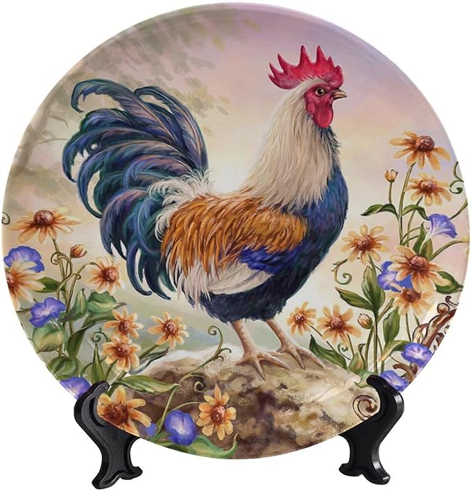 Rooster Decorative Plate Stand, 8inch, Rooster on Stone Round Display Plate, Home Wobble-Plate with Display Stand, for Kitchen Party Coffee Table Decor Art