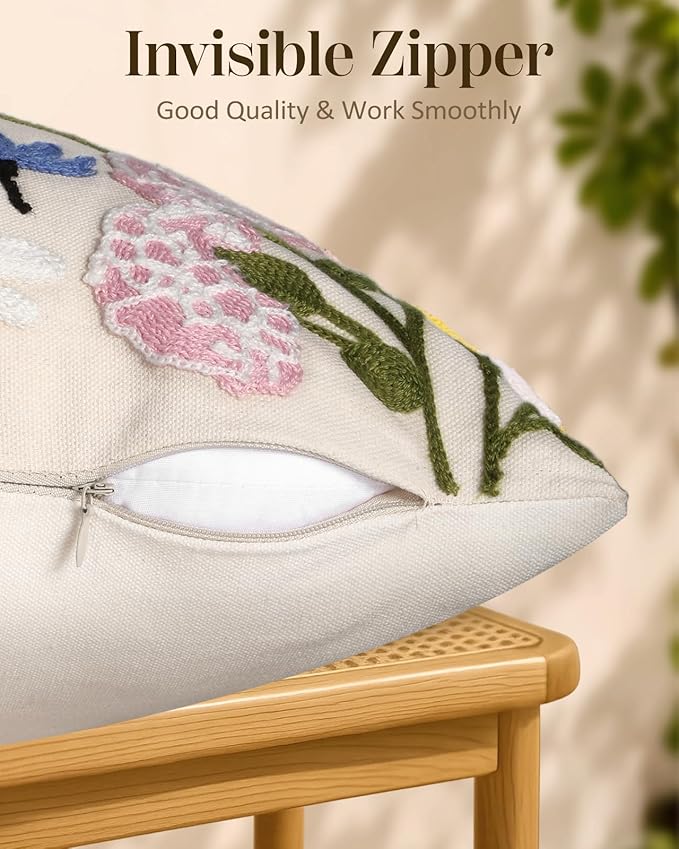 Embroidered Throw Pillow Covers 18x18 Inch - Set of 2 Summer Spring Boho Decorative Pillow Covers with Zipper for Living Room Couch Sofa Bed Aesthetic Design Retro Flower Cushion Pillowcases
