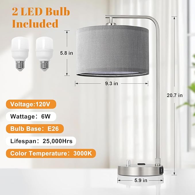 Innqoo Bedside Table Lamps for Bedroom Set of 2-Dimmable Nightstand Lamps with USB Port and Outlet,Modern Grey Lamps with Linen Shade,Tall Desk Lamps for Home Office Bedroom Living Room End Table