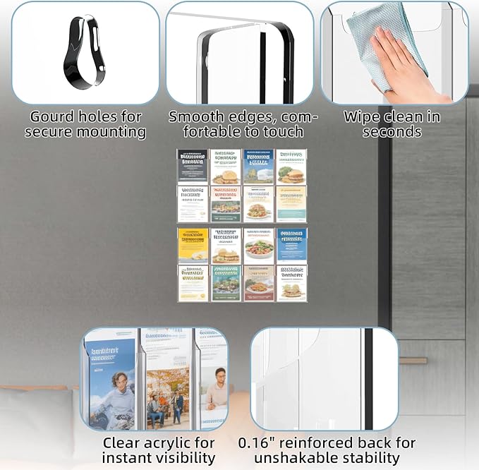 Acrylic Brochure Pamphlet Holder, 16 Magazine Holders, Clear Brochure Display Stand Wall Mount, Trifold Flyer Rack, Literature Storage Rack for Home, Offices, Waiting Room