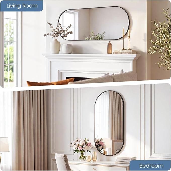 Sweetcrispy 24" x 48" Black Bathroom Mirror for Wall, Oval Walls Mirror with Metal Frame, Tempered Glass, Modern Vanity Mirrors for Over Sink, Living Room, Bedroom, Entryway, Horizontal or Vertical