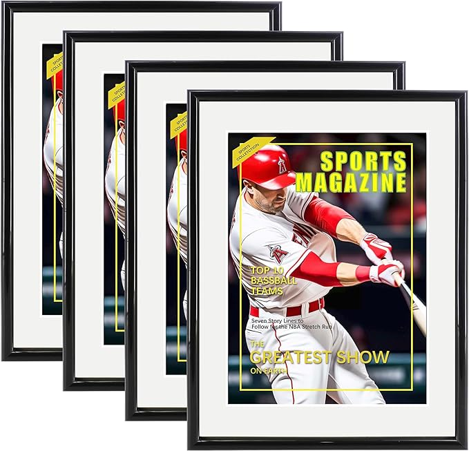 4 Packs Sports Magazine Frame Fits Measuring 8.5 x 11.25 Inch Magazine Display Frame with White Core Matting and Installed Hangers for Wall Hanging