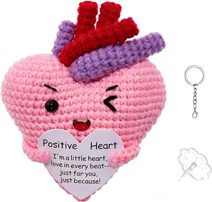 Emotional Support Positive Crochet Heart Handmade Gift and Desk Decor, Encouragement Present for Women Mother's Day Birthday Valentine's Day Galentines Multiple Holidays(Positive Heart)