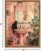 Framed Funny Bathroom Black Cat Wall Art, Vintage Cute Cat on Sink Pictures Wall Decor, Humor Animal Watercolor Paintings Canvas Prints for Restroom 16x24 inch