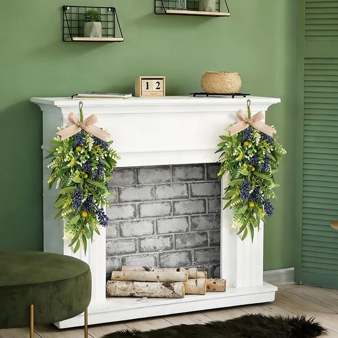 2 PCS 24'' Spring Summer Swags for Front Door Artificial Eucalyptus Olive Boxwood Leaves Teardrop Swags Greenery Swag Wreath Spring Summer Hanging Swag for Farmhouse Wedding Cabinet Home Outdoor Decor