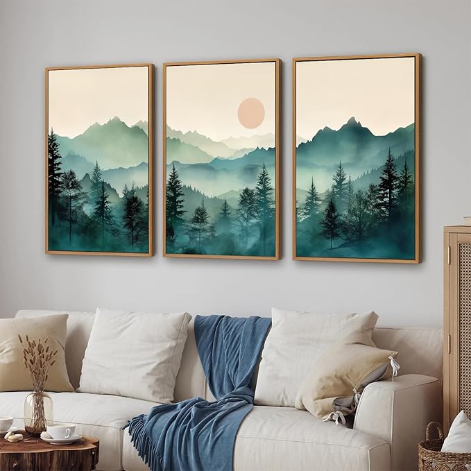 SIGNINART Large Boho Mountain Framed Canvas Wall Art Set, Nature Pine Tree Wall Painting, Abstract Foggy Forest Wall Decor, Modern Sunrise Art Prints for Bedroom Living Room and Office - 24"x36"x3