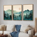 SIGNINART Large Boho Mountain Framed Canvas Wall Art Set, Nature Pine Tree Wall Painting, Abstract Foggy Forest Wall Decor, Modern Sunrise Art Prints for Bedroom Living Room and Office - 24"x36"x3