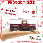 Cherry Decor – 4.9″Sweet Cherry Mini Vintage Metal Truck with 3 Fake Cherries for Themed Party Decorations, Home Kitchen Centerpieces for Tables, Farmhouse Pickup Truck Tiered Tray Decor Gifts